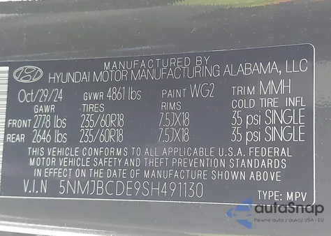 2025 Hyundai Tucson Sel z USA, uszkodzony, nr VIN 5NMJBCDE9SH491130